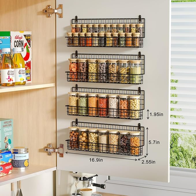 X-cosrack 4 Pack Spice Rack Wall Mount, Upgraded Connectable Seasoning Organizer for Space-Saving, Hanging Spice Storage for Cabinet/Pantry Door (Patent:USD909138S)