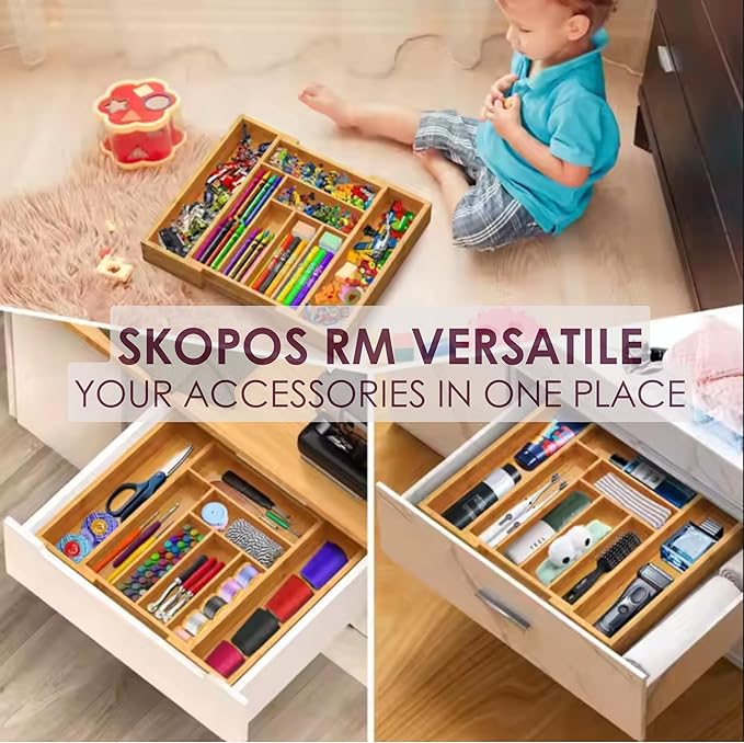 Bamboo Silverware Drawer Organizer with 7-Piece Bamboo Spoons for Cooking Set Non Toxic | Adjustable Drawer Tray & Eco-Friendly| bamboo Kitchen Organizer and Cooking Utensils