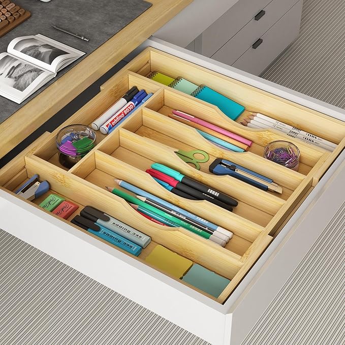 Bamboo Utensil Organizer for Kitchen Drawers, Expandable Utensil Tray and Cutlery Silverware Holder,Wood Drawer Dividers with 7 Adjustable Slots