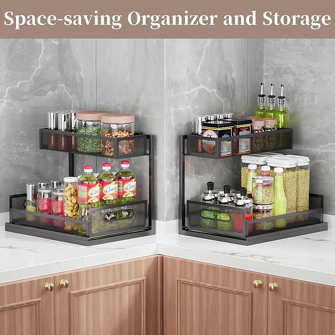 Under Sink Organizer 2-Tier Pull Out Cabinet Organizer for Kitchen Bathroom Pantry, L-Shaped Undersink Shelves No Drill with Slide Out Drawer Space-Saving Storage Easy to Install Black 1 Pack