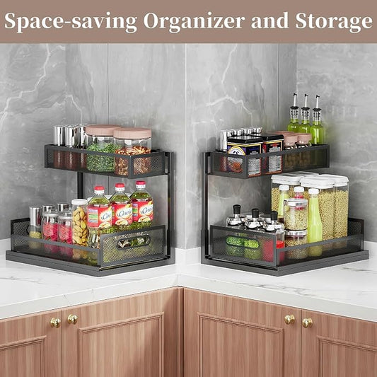 Under Sink Organizer 2-Tier Pull Out Cabinet Organizer for Kitchen Bathroom Pantry, L-Shaped Undersink Shelves No Drill with Slide Out Drawer Space-Saving Storage Easy to Install Black 1 Pack