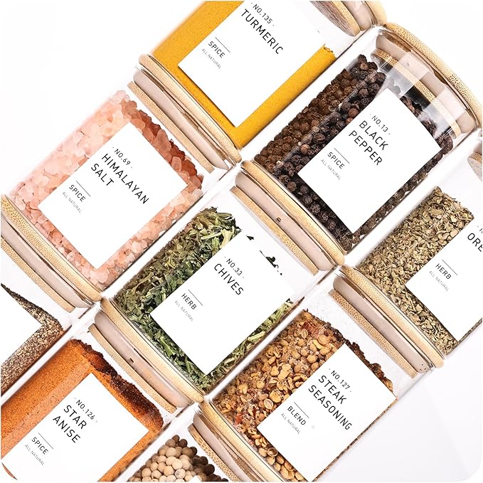 16Pcs Round Glass Spice Jars with Bamboo Lids, include 4oz, 6oz, 8oz, 10oz Empty Containers With 340 Spice Labels Preprinted of White and Black Color, Spice Bottles for Seasoning Organizer