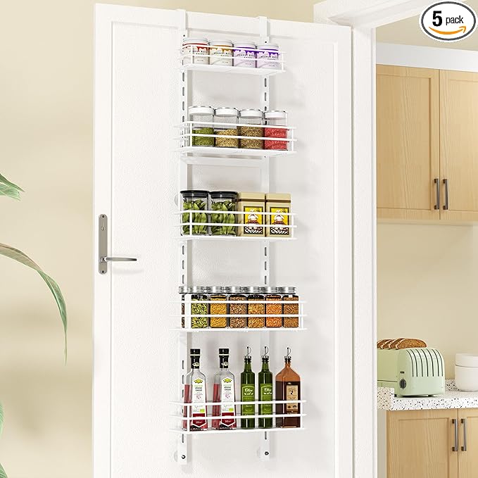 Thideewiz 12 Inches Wide Pantry Door Organizer, 5 Tier Adjustable Hanging Over the Door Spice Rack, Spice Organizer for Pantry Door, Spice Shelf for Kitchen Organizers and Storage (White)