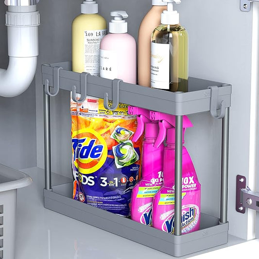 Simple Houseware 2-Tier Under Sink Organizer Storage Tray with Hooks, Grey