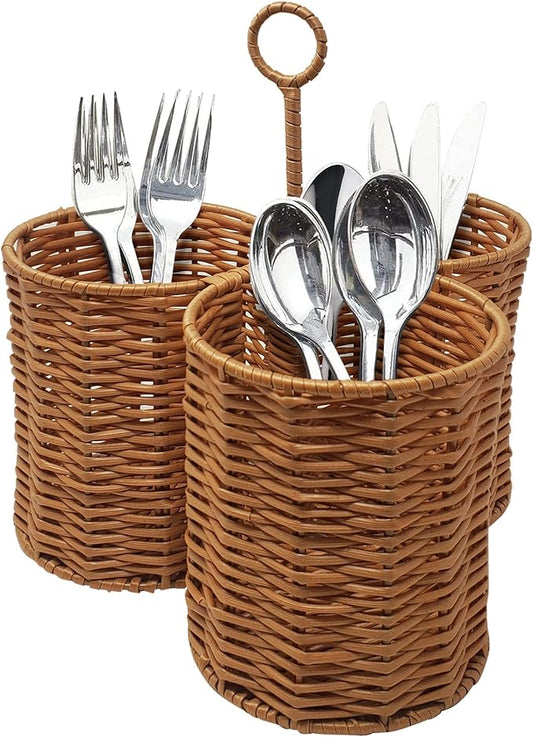 Kovot Poly-Wicker Woven Cutlery Storage Organizer Caddy Tote Bin Basket for Kitchen Table, Cabinet, Pantry, Indoor & Outdoor - Woven Polypropylene | Measures 8.5" W x 5" H