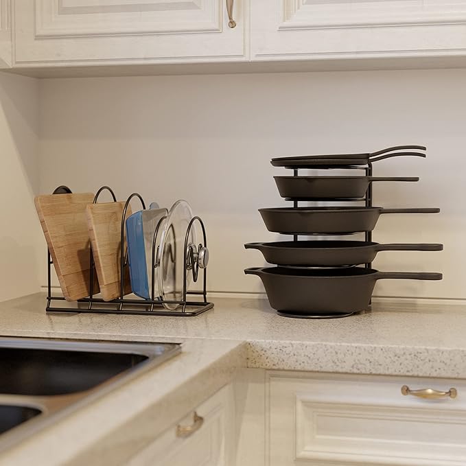 SpaceAid Heavy Duty Pan Organizer Rack for Cabinet, Pot Lid Holder, Kitchen Organization & Storage for Cast Iron Skillet, Bakeware, Cutting Board - No Assembly Required (1 pack)