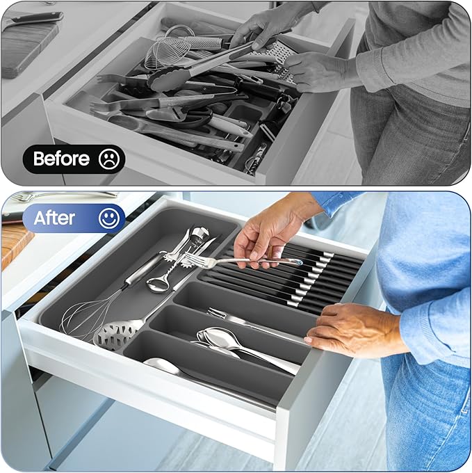 OUTXE Silicone Silverware Drawer Organizer, Non-Slip Utensil Organizer for Kitchen Drawers, Cutlery Tray with Extra Knife Block, 4 Compartments Flatware Organizer for Spoon and Fork, Grey