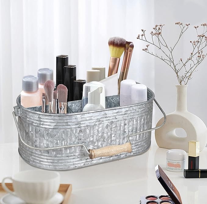 CLEENTABLE Farmhouse Galvanized Metal Utensil Caddy – 4-Compartment Silverware Organizer with Removable Handle for Countertop, Picnic & Party Use (10"x6.5"x5.5", Grey)