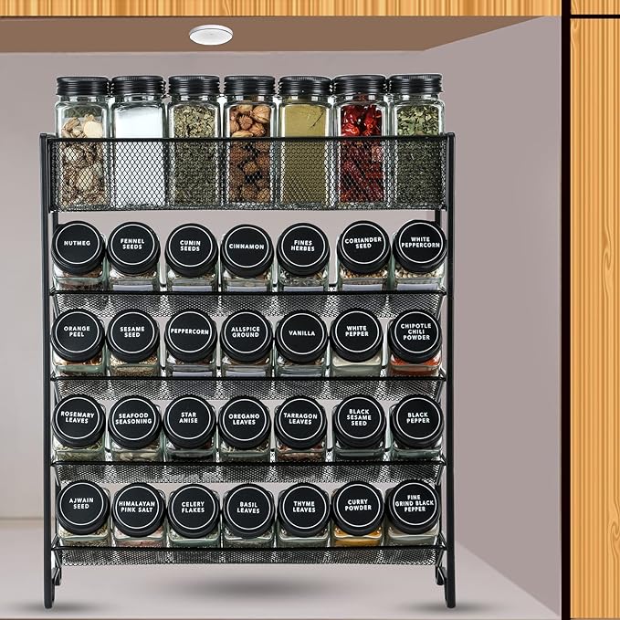 Spice Rack Organizer with 28 Spice Jars, Black Lids，Spice Labels, Chalk Marker and Funnel Set for Cabinet, Countertop, Pantry, Cupboard or Wall Mount