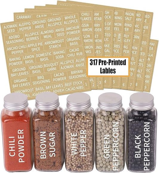 SWOMMOLY 25 Glass Spice Jars 8 oz Empty Spice Bottles with 713 Spice Labels, Chalk Marker and Funnel Complete Set. 25 Square Seasoning Containers with Airtight Cap, Pour/sift Shaker Lid