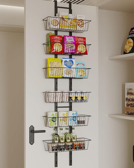 Over The Door Pantry Organizer, 6-Tier Pantry Organizers and Storage with Adjustable Basket, Heavy Duty Metal Spice Rack for Kitchen Bathroom Laundry Room(Black)