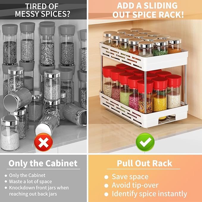 Pull Out Spice Rack Organizer for Cabinet, 2 Pack Widen Slide Out Spice Racks Organizer, Easy to Install Durable Spice Cabinet Organizers, 6.4''Wx10.4''Dx8''H, Each Tier Hold 15 Spice Jars - 2 Tier