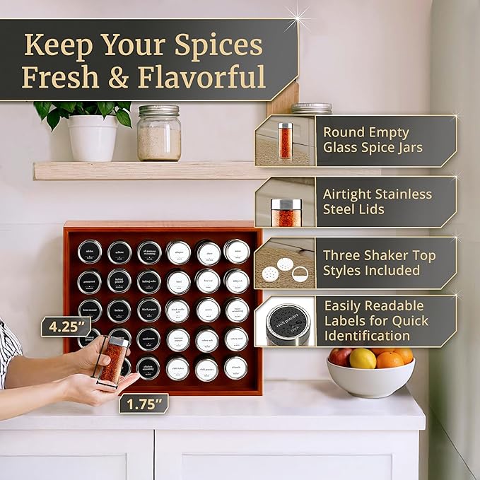 BOURBON & BARREL Wooden Spice Rack Organizer with Glass Jars | Stainless Steel Lids | Bamboo Countertop Spice Organization | 350 Waterproof Spice Labels | 2 Chalk Markers | 30 4oz Jars [Walnut]