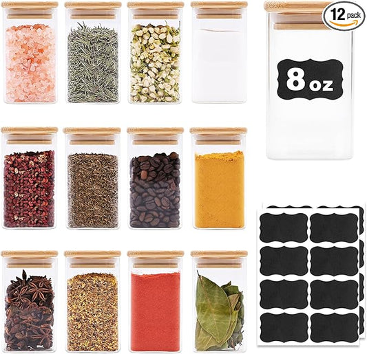 Glass Food Storage Jars Square 8oz, 12 Pack Glass Jars With Bamboo Lids, Kitchen Storage Containers For Spice, Candy, Cookie, Storage For Pantry Organizers