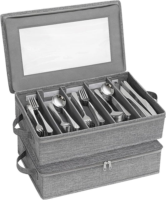Lifewit Silverware Storage Box, Flatware Organizer with Zipper Lid, 5 Compartment Cutlery Case with Adjustable Divider and Handle, Utensil Container for Spoon Fork Knives Tableware, Gray, 2 Pack