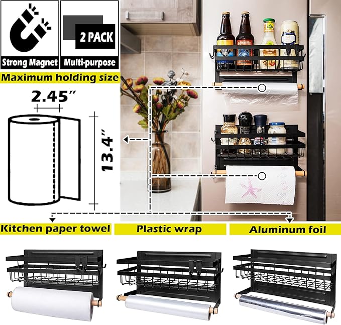 Sleclean Spice Rack for Refrigerator, Pack of 2, paper towel holder magnetic, Organizers and Storage, Multi Use Kitchen Shelf,13.4?x4.5?x7.1?,Black