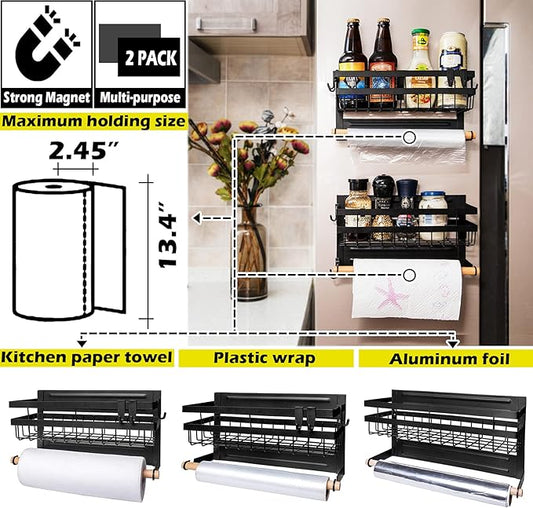 Sleclean Spice Rack for Refrigerator, Pack of 2, paper towel holder magnetic, Organizers and Storage, Multi Use Kitchen Shelf,13.4?x4.5?x7.1?,Black