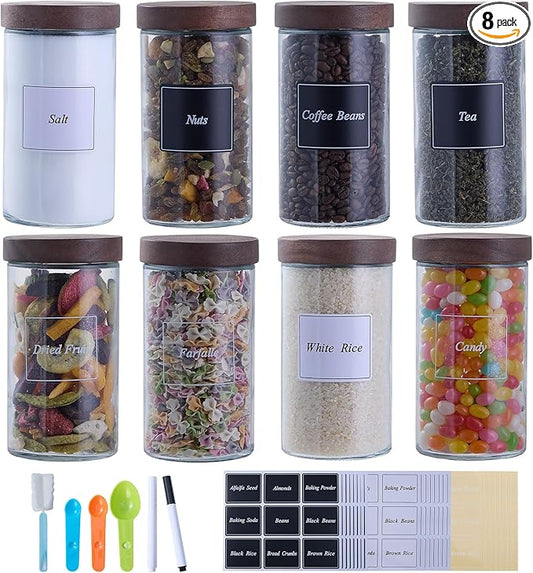 Glass Jars with Airtight Lid,Glass Jar with Acacia Lid,Glass Canisters with Airtight Lids, 8 Pack 24oz Glass Storage Containers with Labels for Tea,Sugar,Cookie,Coffee,Salt,Spices