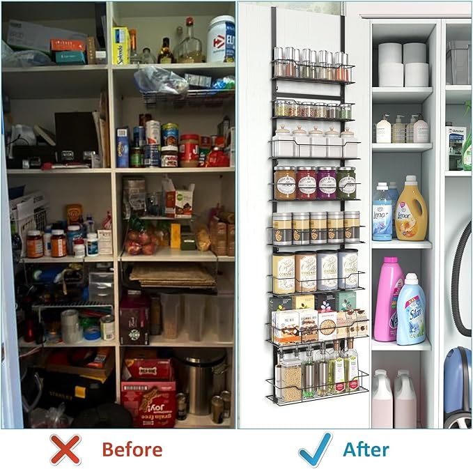 Over the Door Pantry Organizer, 8-Tier Pantry Door Organizers and Storage, Hanging Kitchen Spice Rack Organizer for Pantry Door, Easy Install, Behind Door Kitchen Storage Rack, Black