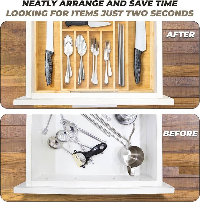 HOMESTEAD Nature Bamboo Expandable Drawer Organizer - Up to 10 Slots, Silverware Organizer, and Cutlery Trays for Kitchen Drawer Divider & Versatile in Bedroom, Office, Cosmetics
