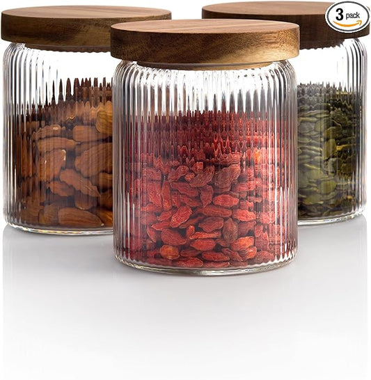 Mason & Fable Ribbed Glass Jar with Wooden Lid 17oz, Set of 3 | Airtight Fluted Storage Canisters for Food, Tea, Coffee, Candy/Spice | Organization Canisters for Home & Kitchen