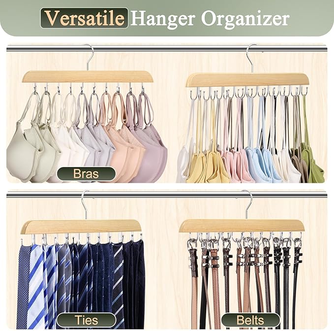 2 Pack Bra Hangers for Closet Organizer, Round Rectangle Bra Organizer with 40 Stainless Steel Hooks, Wooden Tank Top Hanger, Closet Organizers and Storage for Bras Camis Belts Ties, Natural