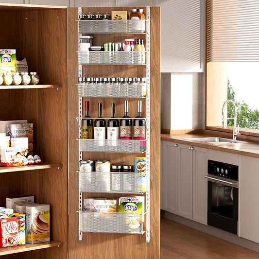 Over The Door Pantry Organizer, 6-Tier Pantry Door Organizer Shelves, Metal Hanging & Wall Mount Spice Rack Organizer, Pantry Door Organization for Pantry Kitchen Storage Room Spice Rack