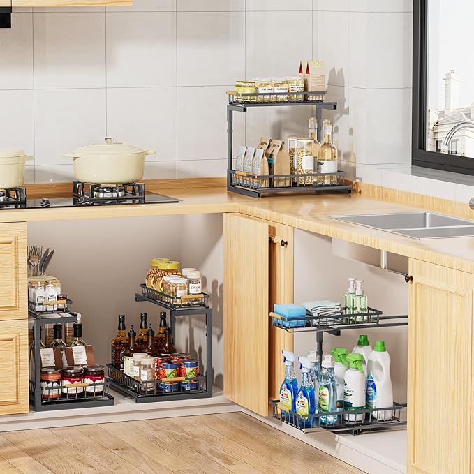 Delamu Under Sink Organizer, Pull Out Cabinet Organizer, Slide Out Under Sink Storage Shelf, Undersink Organizers Shelves for Kitchen Bathroom Pantry