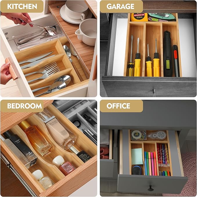 Bamboo Kitchen Drawer Organizer, 7 Inch Silverware Utensil Holder for Small Drawer, Wood Silverware Organizer for Cutlery