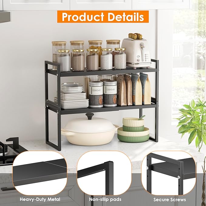 DOLALIKE Expandable kitchen Countertop Organizer, Stackable Cabinet Shelf Organizers, Space Saving Spice Rack Pantry Storage for Bathroom Office Organization (Black, 2 Pack)
