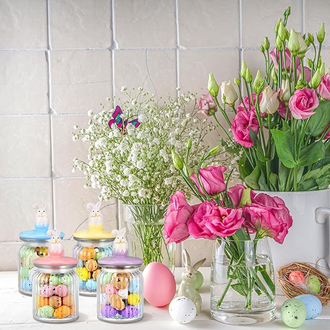 Nitial 4 Pcs Easter Glass Jar with Cap Bunny Rabbit Egg Shape Clear Candy Jar Decorative Food Storage Canister with Airtight Ceramic Lid for Eater Party Tea Cookie Table Decoration (7.8 oz,Bunny)