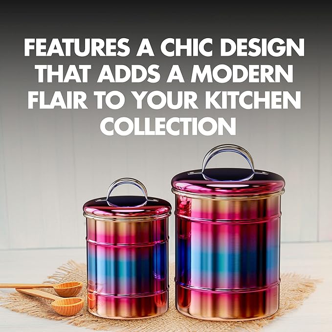 Amici Home Rainbow Metal Storage Canister | Set of 2 | Airtight Lid | 38 & 64 Ounce Capacity | Modern Home Décor | Decorative Metal Canisters for Kitchen Countertop