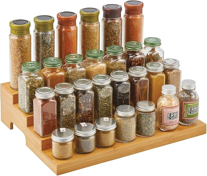 mDesign Bamboo Spice and Food Kitchen Cabinet Pantry Shelf Organizer - 4-Tier Storage - Modern Compact Caddy Rack - Holds Spices/Herb Bottles, Jars - for Shelves, Cupboards, Refrigerator - Clear