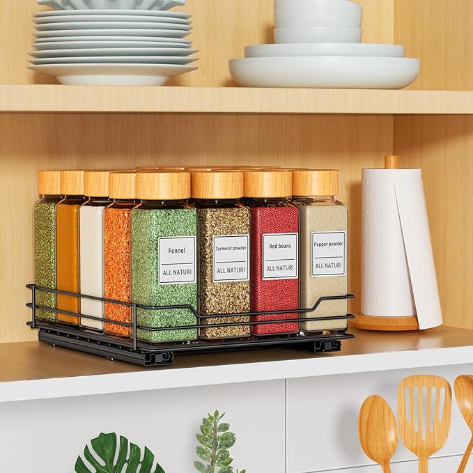 RCHYFEED Pull Out Spice Rack Organizer for Cabinet,Slide out Spice Organizer for Inside Cabinets,Heavy Duty Spice Organization for Kitchen and Pantry,Seasoning,Sauces(1-Tier,8.5" Wx10.5 Dx2.5 H)