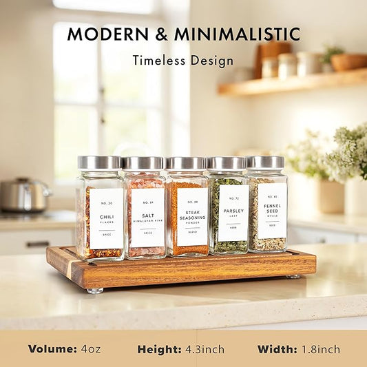 Glass Spice Jars with Label and Stainless Steel Lids (24 x 4oz) Spice Containers with 240 Labels, Shaker Inserts, Steel Funnel, Empty Square Empty Square Seasoning Organizer