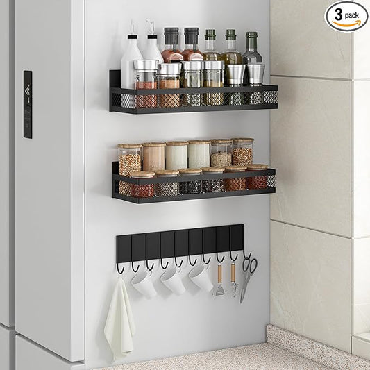 3 Pack Strong Magnetic Spice Rack for Refrigerator on Oven, Movable Kitchen Organizers and Storage for Spices Shelf, Wall Mounted Spice Rack Metal Fridge Shelf for Kitchen in Black