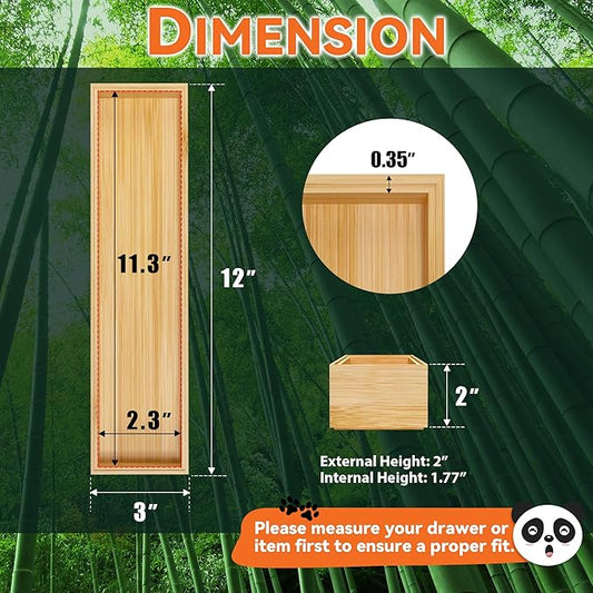 Bamboo Drawer Organizer, Narrow Silverware Organizer for Kitchen, Stackable Cutlery Drawer Organizer, 2 Pcs Utensil Organizer, Wood Storage Box Tray (Bamboo, 12 X 3 X 2 Inch)