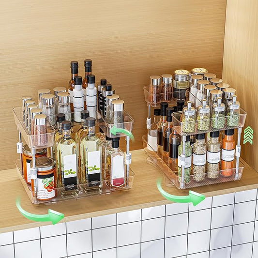 2 Pack Lazy Susan Turntable Organizer 2 Tier, 360° Rotating Condiment Organizer, Refrigerator Organizers and Storage for Cabinet, Kitchen, Countertop, Bathroom, Vanity, Non-Slip Base, Clear