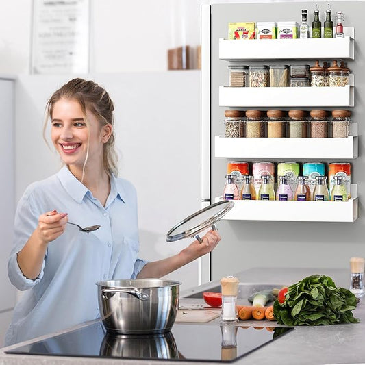 4 Pack Moveable Fridge Magnetic Spice Racks,Metal White