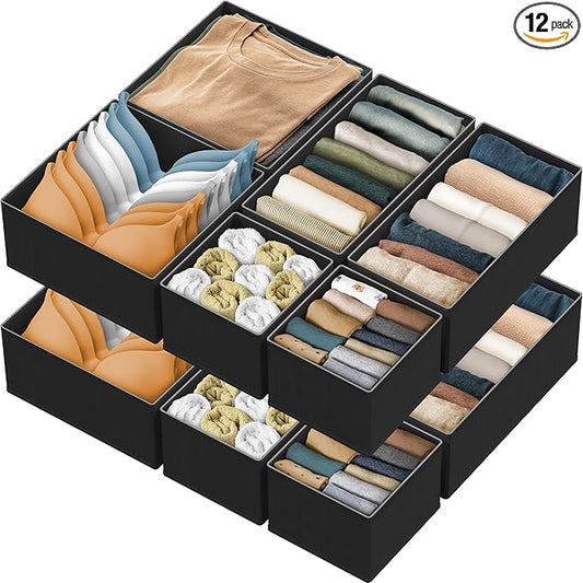 Simple Houseware Foldable Drawer Organizer for Clothes/Underwear/Panty/Onesie Stocking Bin, Set of 12, Black