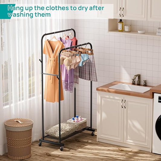 SINGAYE Clothes Clothing Rack Drying Clothing Garment Coat Hanger Rack Metal Double Bar Freestanding for Hanging Clothes Portable With Wheels Rolling Closet for Laundry Bedroom Black