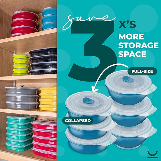 Collapsible Food Storage Containers - Silicone Container Bin Sets with Lids for Kitchen, Camping & Camper RV Accessories, Freezer and Microwave Safe Storage Bowl Set, Stackable Space Saving Bins