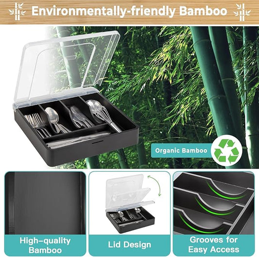 Bamboo Kitchen Drawer Organizer, Silverware Utensil Tray Holder, Extra Deep Grooved Drawer Divider, 5 Slots Total Bamboo Wood Caddy for Flatware Cutlery Knives, Forks, Spoons Eco-Friendly