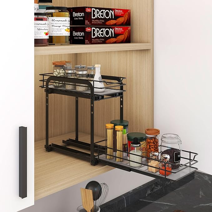 Spice Rack Organizer, 2-Tier Pull Out Spice Organizer, Heavy Duty Metal Basket for Inside Cabinets & Pantry Closet