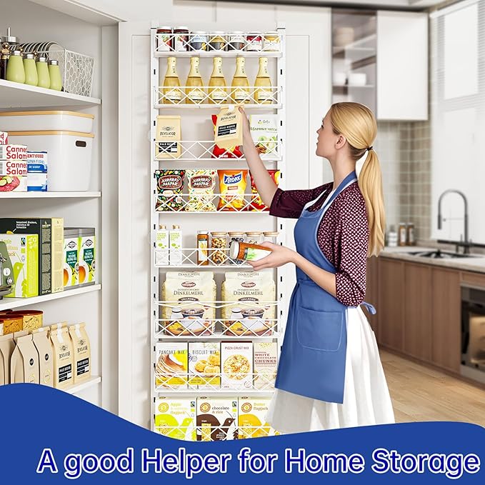 Over the Door Organizer, White 8-Tier Pantry Door Organizer with Adjustable Basket, Hanging Spice Rack Cabinet Door Shelves, Laundry Room Organization and Storage