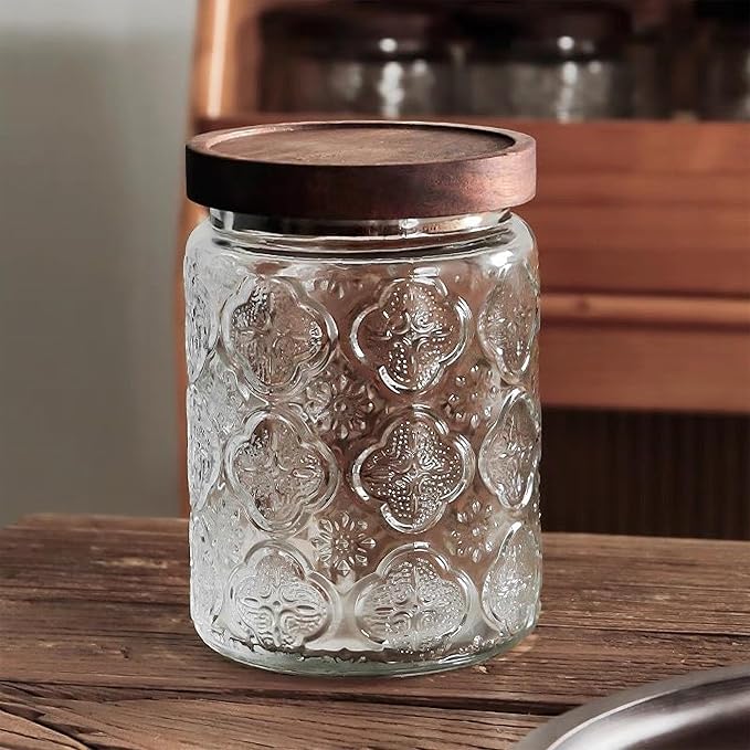 Glass Storage Jars With Airtight Lid, 23.7oz Container For Kitchen Counter with Wooden Lid, brown sugar, candy, coffee, cookie, salt, tea, cute Jar (Begonia Flowers*1)