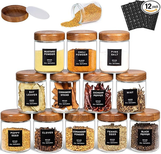 Yangbaga Glass Spice Jars with Labels: 12p 8oz Wide Mouth Square Bottle w/Pepper Grinder&Funnel - Airtight Wood Lid & Dishwasher Safe - Home Kitchen Pantry Daily Use - Gift for Newlyweds/Households