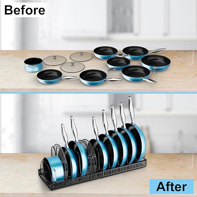 Expandable Pot Rack Organizer, Adjustable Kitchen Storage for Pots, Pans, and Lids