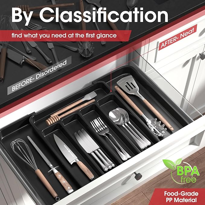 AUJEN Silverware Organizer - Expandable Kitchen Drawer Organizer, Adjustable Utensil Organizer, Cutlery Drawer Organizer for Forks, Knives, Multipurpose Kitchen Organizers and Storage Solution, Black
