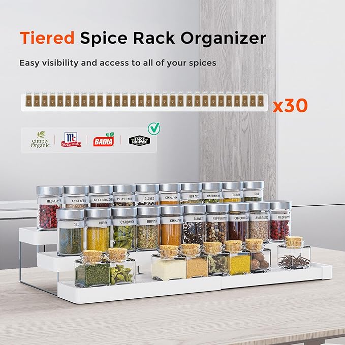 Expandable Spice Rack Organizer for Cabinet - 3 Tier Adjustable Cabinet Spice Organizer Easy Visibility - Spice Organizer for Cabinet Countertop Cupboard Pantry Organization (White)